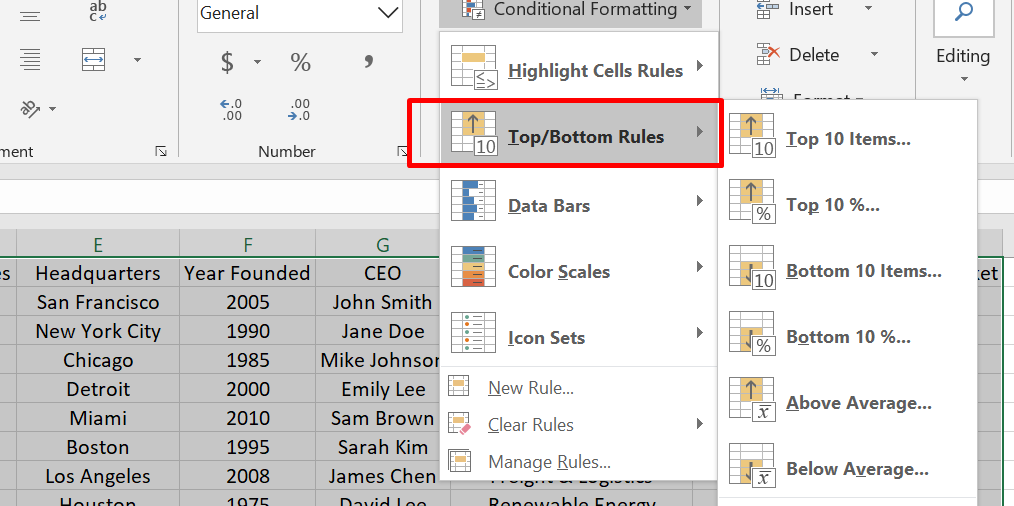 Choose the command you want to apply, such as Top 10 items or Bottom 10%. You can then enter the values you want to use, such as the number of items to include or the percentage of values you want to highlight.