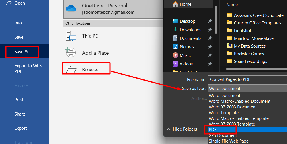Save as PDF in Word