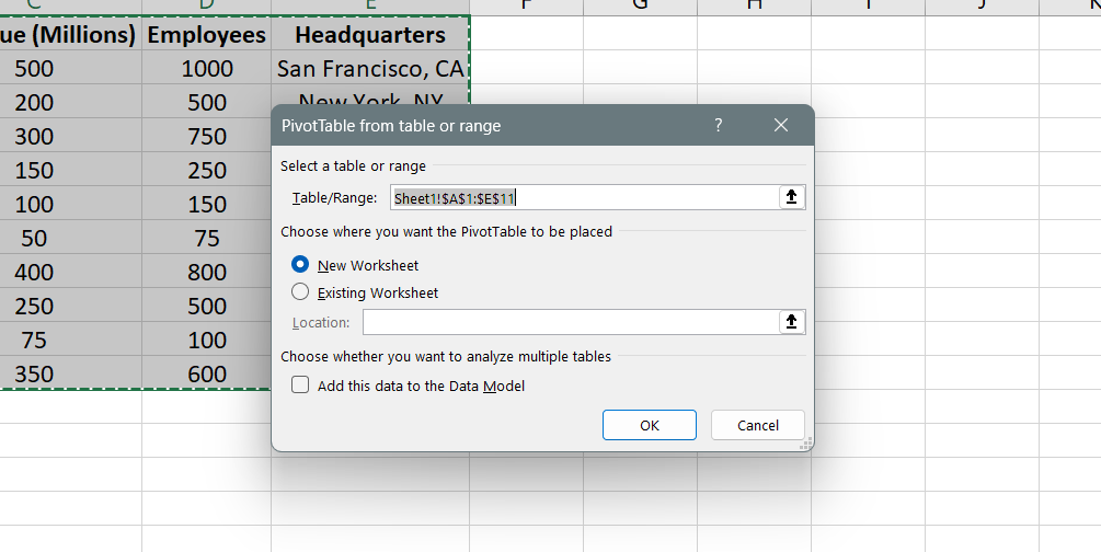 Choose the range of data you want to include in the pivot table. This can be a single worksheet or a range across multiple sheets.