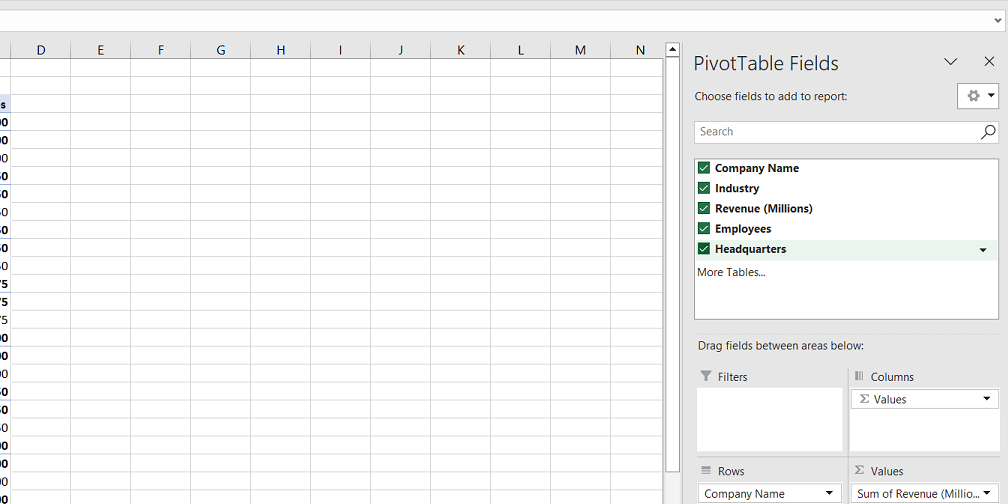 In the pivot table, arrange the fields by dragging them to the desired areas. The