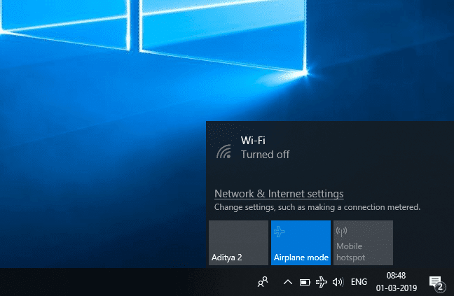 Turning off airplane mode on Windows 10