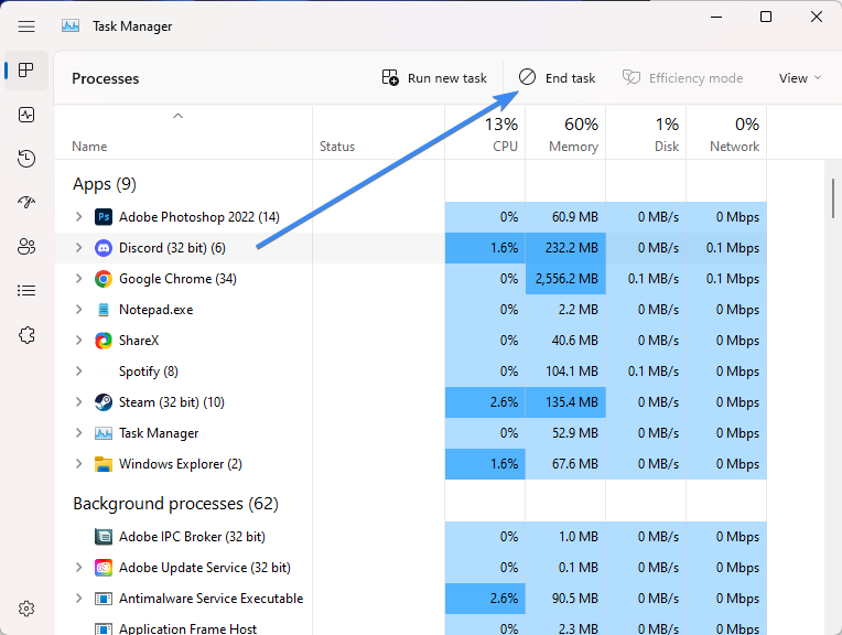 End Task in the Task Manager