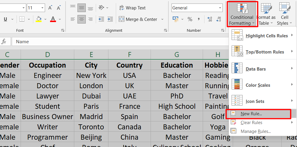 Excel > conditional formatting > New rule