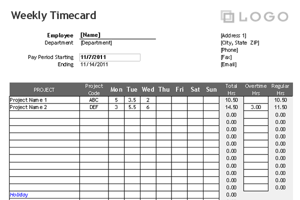 project timecard summary template