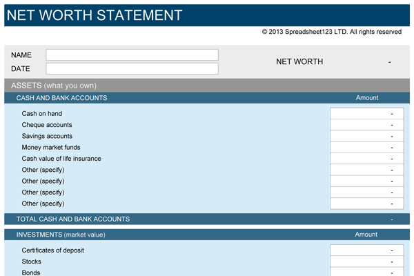 Net worth statement template