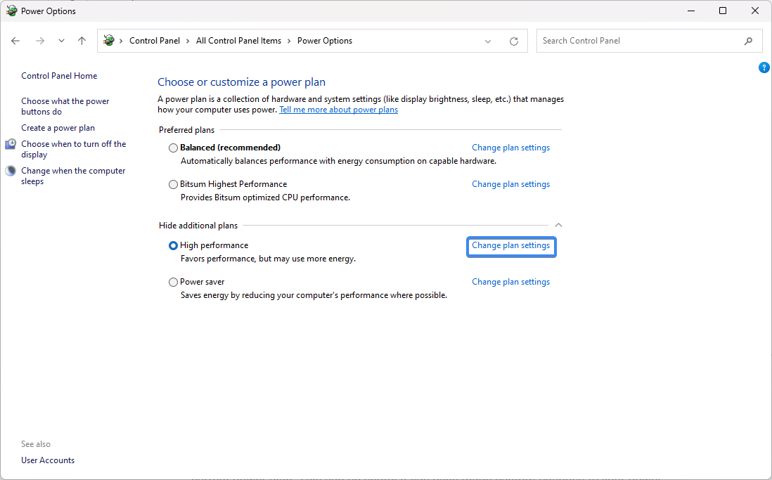 Change Power plan settings in Windows 11