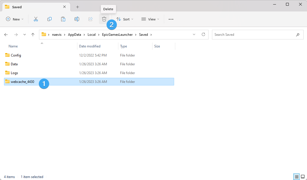 Deleting the Epic Games Launcher webcache folder in Windows 11