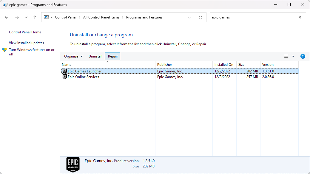 Reparing the Epic games Launcher in WIndows 11