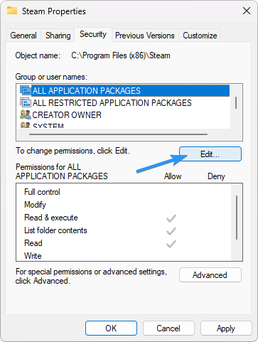 edit steam folder security