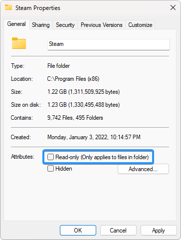 disable read only on steam folder
