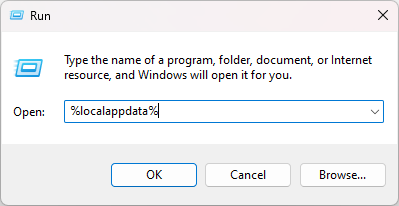 Going to the localappdata folder in Windows 11