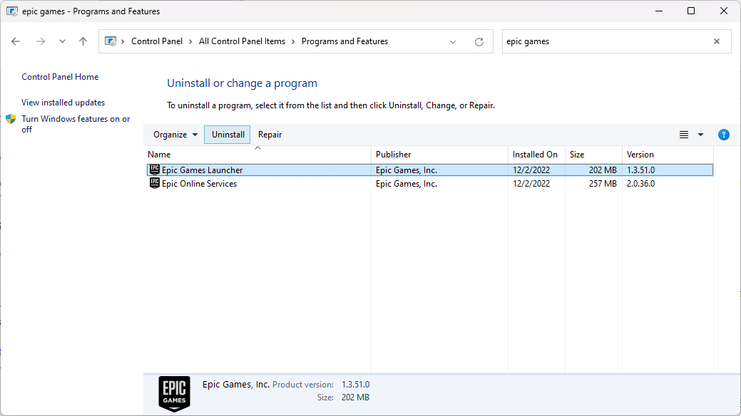 Uninstalling Epic Games Launcher in Windows 11
