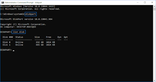 command prompt diskpart/list disk