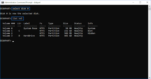 command prompt select disk