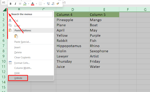 Unhide columns
