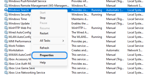 windows search service properties