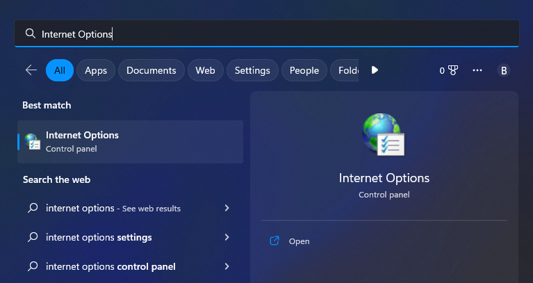 search for internet options
