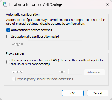 disable proxy server for your lan