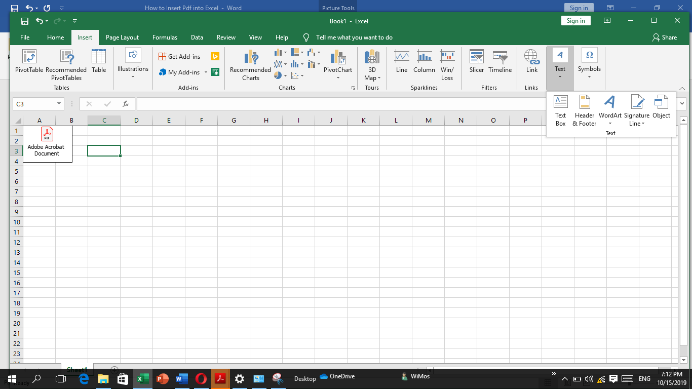 How to insert pdf into excel