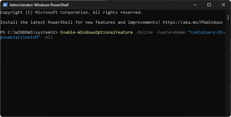 commande PowerShell activer le bac à sable Windows