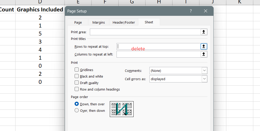 Как да премахнете ред 1, зададен за печат на всяка страница в Excel