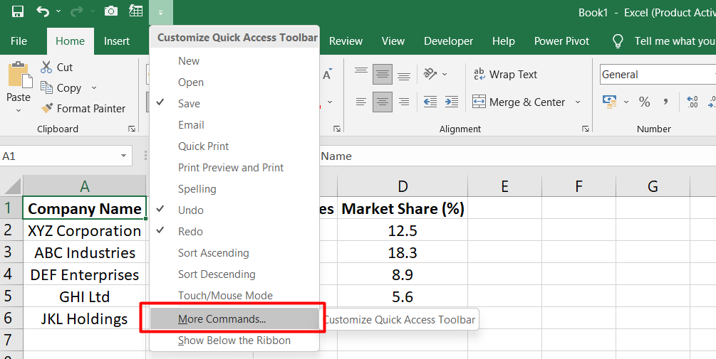 To add the Form tool to the Quick Access Toolbar (QAT), click the small arrow at the far-right of the QAT. Then, select