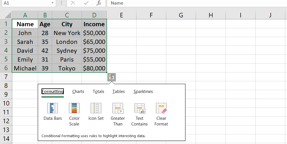 Look for the Quick Analysis button, which appears at the bottom right corner of the selected data. Alternatively, you can press Ctrl + Q on your keyboard to access the Quick Analysis tool.