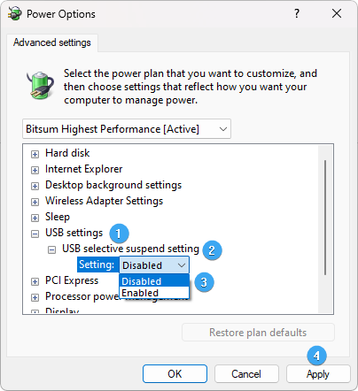 disable usb selective suspend setting