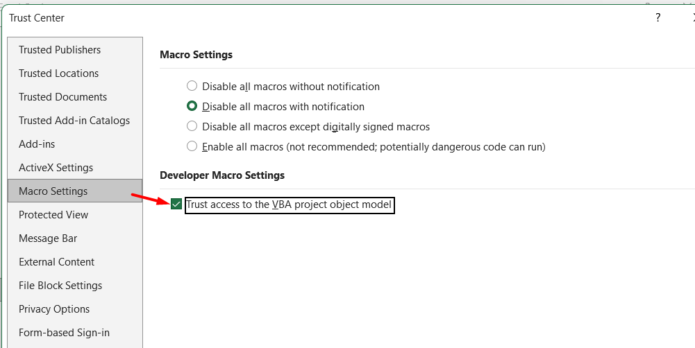 Enable VBA project object model access