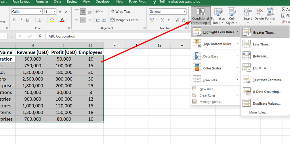 When you select one of these options, a dialog box will appear where you can enter the criteria for highlighting the cells.