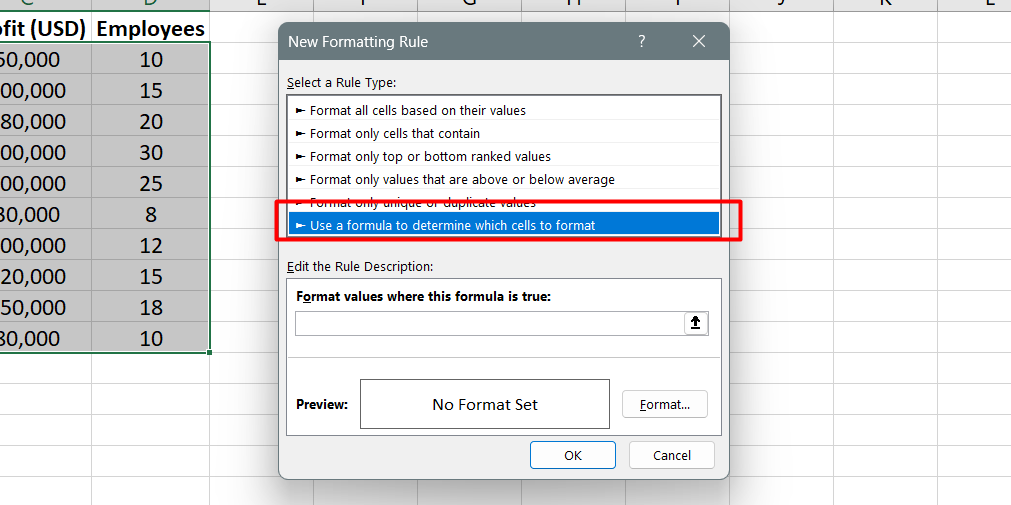 In the rule configuration window, select the option that says