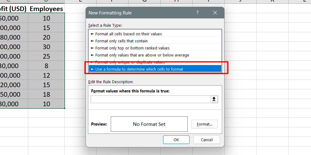 Dans la fenêtre de configuration des règles, sélectionnez l'option qui dit