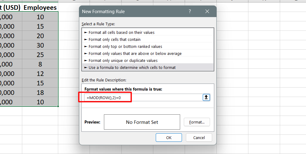 Enter the MOD formula in the provided space: =MOD(ROW(),2)=0