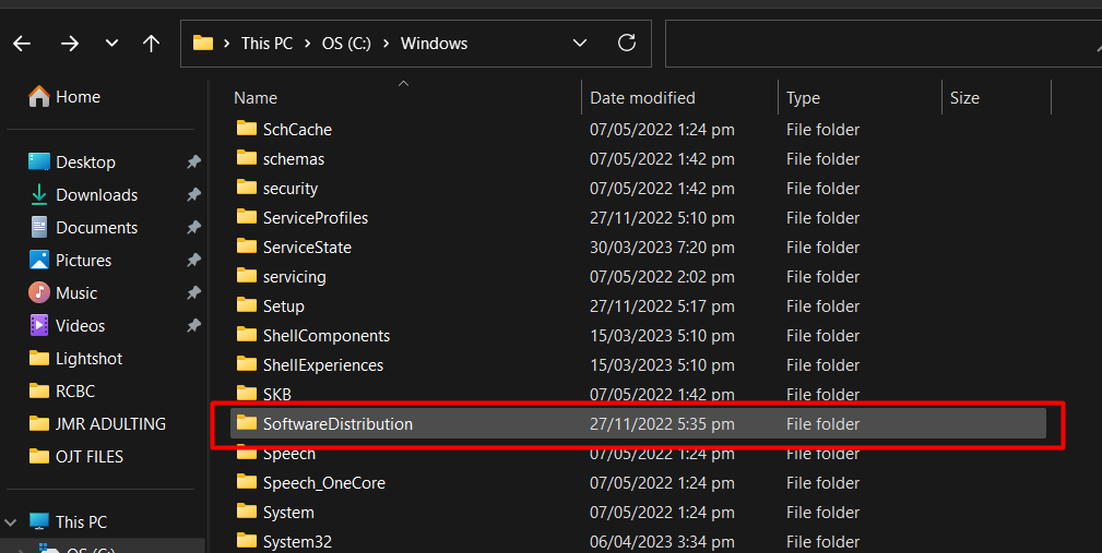 Go to the Windows directory on your computer and find the Software Distribution folder