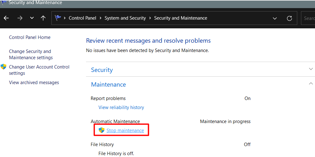 Go to Control Panel > System and Security > Security and Maintenance > Maintenance > Stop Maintenance