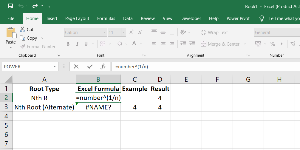 Vous pouvez utiliser la formule d'exposant mentionnée précédemment pour calculer n'importe quelle nième racine dans Excel. Vous pouvez trouver la nième racine d'un nombre en plaçant la racine souhaitée dans le dénominateur d'une fraction après le symbole caret (^).