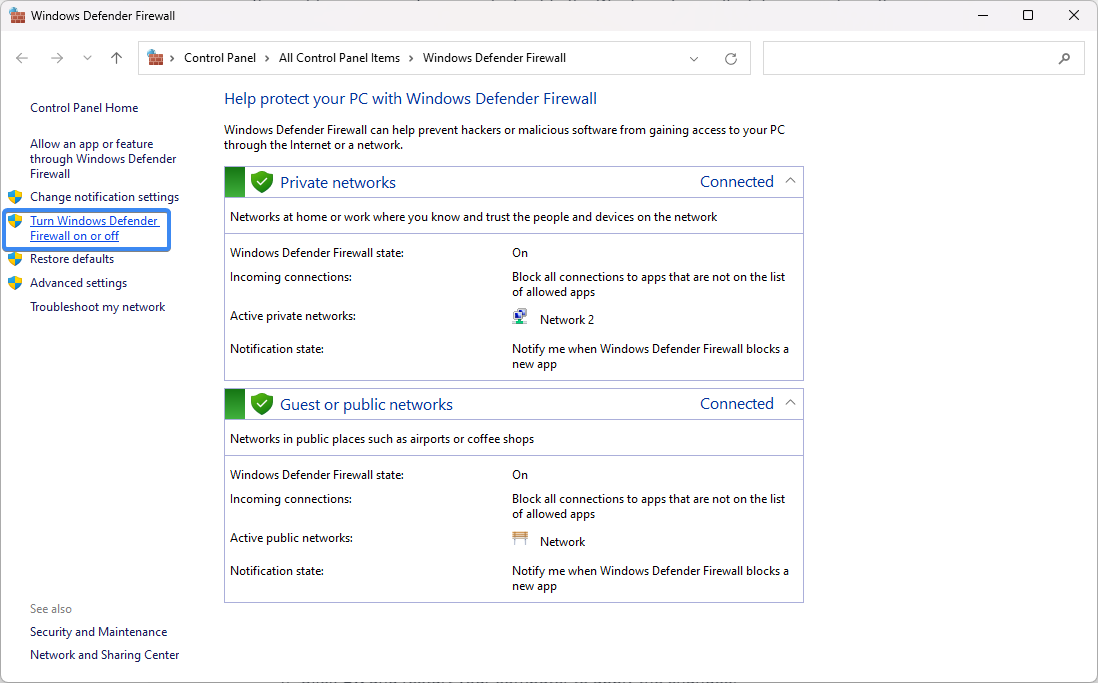 turn windows defender firewall on or off