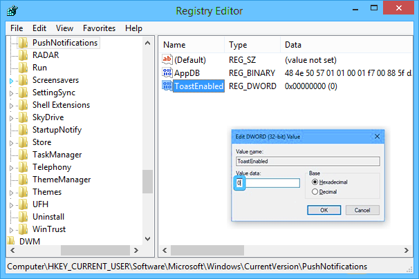 modify the toastenabled registry key