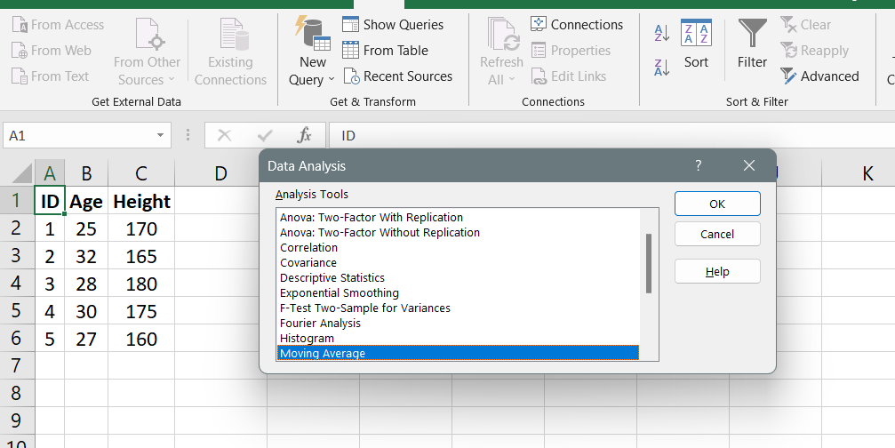 Si vous ne voyez pas la commande Data Analysis, vous devez charger le programme complémentaire Analysis ToolPak.