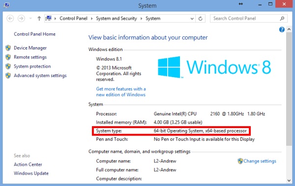 Windows 8.1 System property