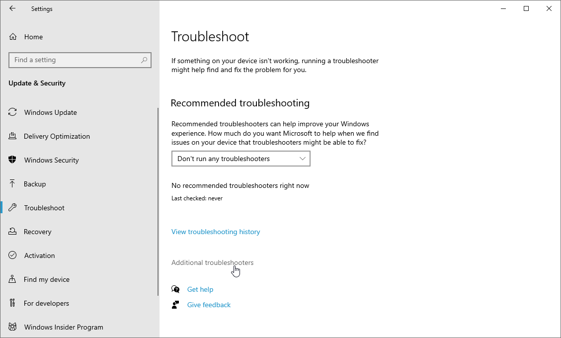 additional troubleshooters in windows 10 settings