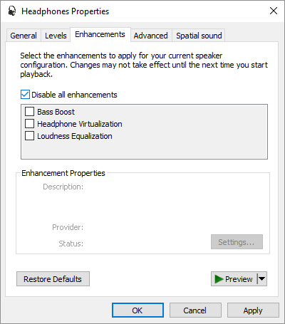 disable sound enhancements in windows 10