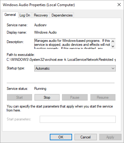 start the windows audio service