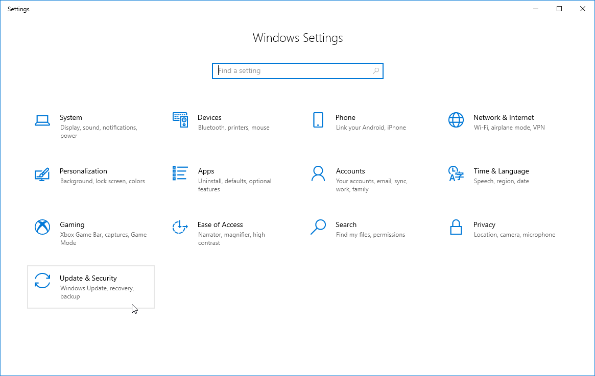 update & security in windows 10 settings
