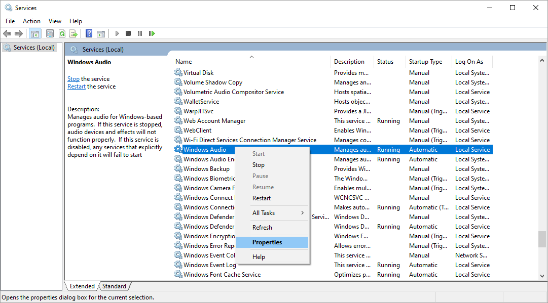 windows audio service properties