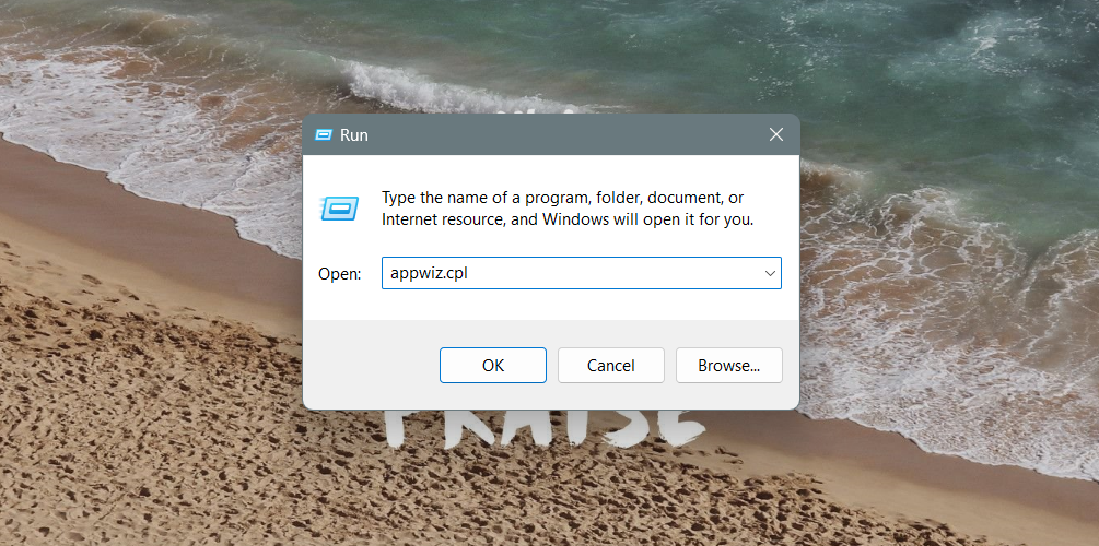Type 'appwiz.cpl' in the run box and hit Enter. This opens the programs and features dialog box.