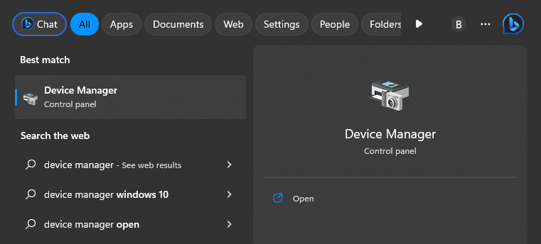 Диспечер на устройства при търсене в Windows 11
