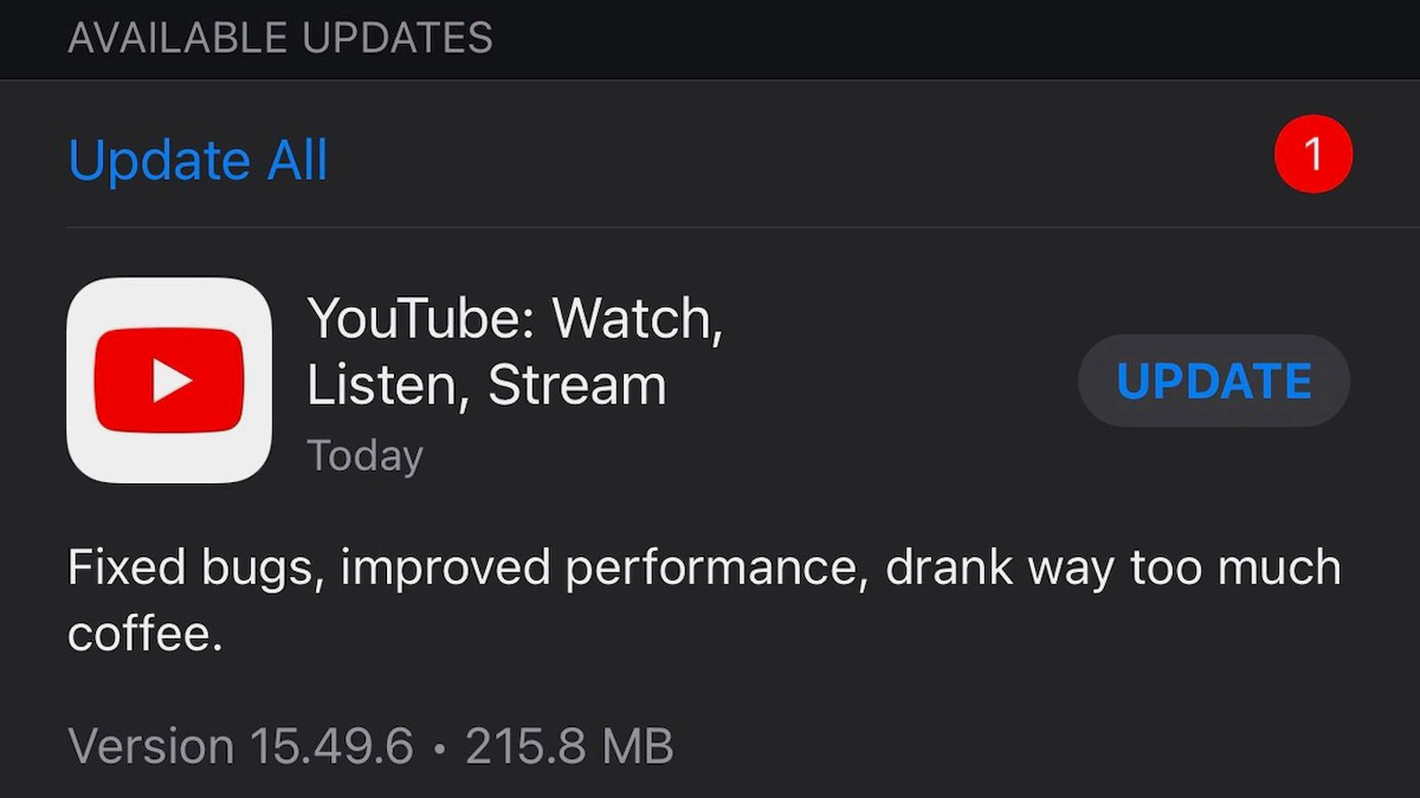 New YouTube app update available on iOS