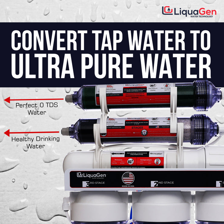 LiquaGen - Dual 6 Stage Under Sink Reverse Osmosis Drinking & Aquarium Deionization (RO/DI) Water Filter System - LiquaGen Water