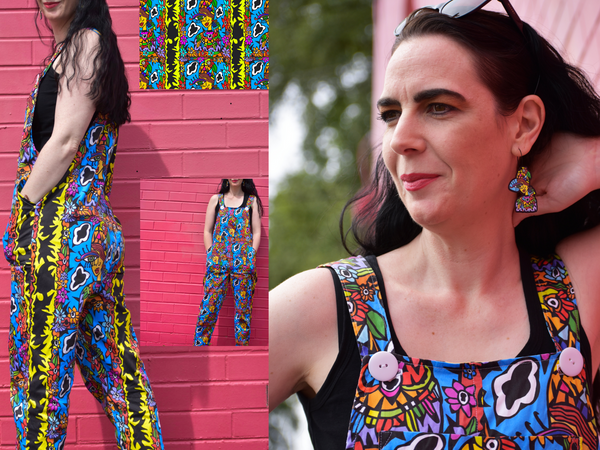Colour Pop Designs overalls collage featuring Antayjo Art KEEPIN an eye on things pattern
